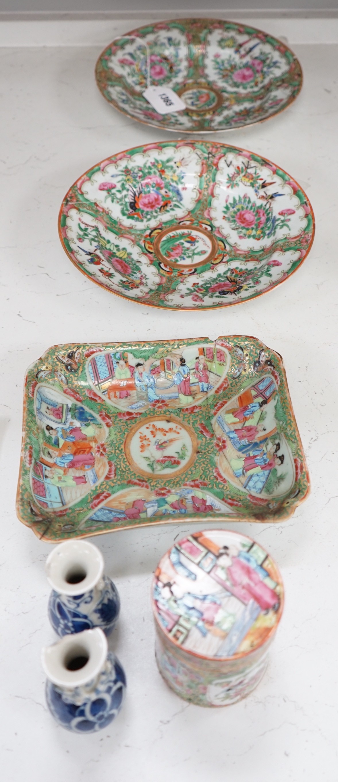 A group of 19th century Chinese famille rose - two plates, a square dish and a box and cover and two blue and white small vases